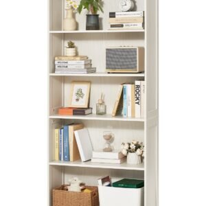 5 tiers wide bookshelf, 68 in wooden open bookcase with display storage organizer shelf, freestanding tall display floor bookcase bookshelf for library, bedroom, living room, office, white