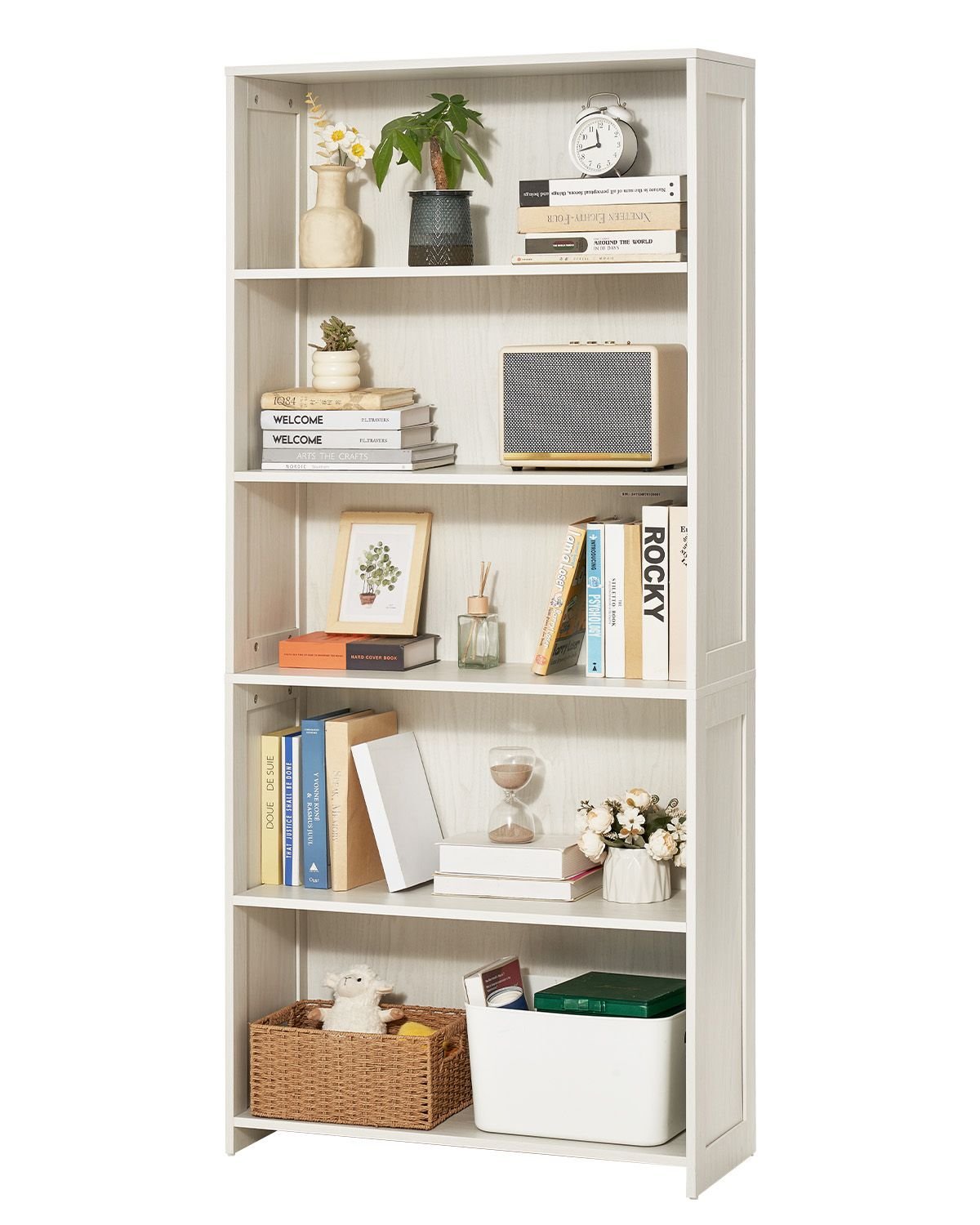 5 tiers wide bookshelf, 68 in wooden open bookcase with display storage organizer shelf, freestanding tall display floor bookcase bookshelf for library, bedroom, living room, office, white