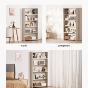 5 tiers wide bookshelf, 68 in wooden open bookcase with display storage organizer shelf, freestanding tall display floor bookcase bookshelf for library, bedroom, living room, office, white