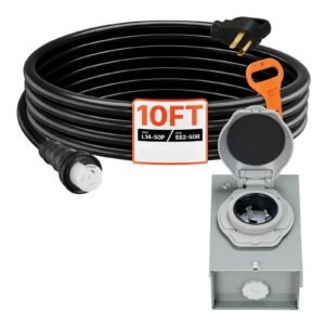 50 Amp Generator Cord and Power Inlet Box, 10FT, 125V/250V STW 6/3 + 8/1 AWG Extension Power Cord, NEMA 14-50P to SS2-50R, Twist Lock Connector, Inlet Box Kit, for Generator to House, ETL Listed