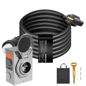 50 Amp Generator Cord and Power Inlet Box Kit, 15FT, NEMA 14-50P/SS2-50R STW 6/3+8/1 AWG Generator Power Cord with Twist Lock Connector, Pre-Drilled Inlet Box for Generator to House, ETL Listed