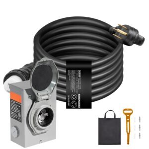 50 Amp Generator Cord and Power Inlet Box Kit, 25FT, NEMA 14-50P/SS2-50R STW 6/3+8/1 AWG Generator Power Cord with Twist Lock Connector, Pre-Drilled Inlet Box for Generator to House, ETL Listed