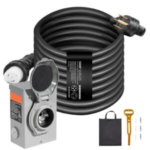 50 Amp Generator Cord and Power Inlet Box Kit, 50FT, NEMA 14-50P/SS2-50R STW 6/3+8/1 AWG Generator Power Cord with Twist Lock Connector, Pre-Drilled Inlet Box for Generator to House, ETL Listed