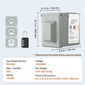 50 Amp RV Power Outlet Box, 125/250 Volt, Enclosed Lockable Outdoor RV Receptacle Box, NEMA 14-50R Weatherproof Electrical Panel, for RV Camper Trailer Motorhome