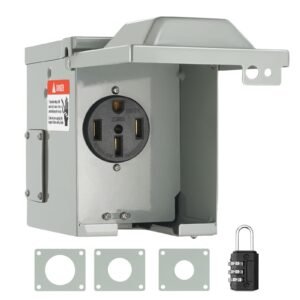 50 amp rv power outlet box, 125/250 volt, enclosed lockable outdoor rv receptacle box, nema 14 50r weatherproof electrical panel, for rv camper trailer motorhome