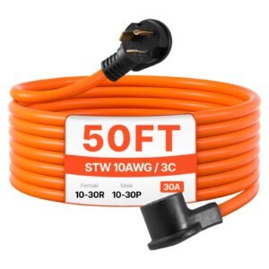 50 ft dryer extension cord, 3 prong nema 10 30p to 10 30r dryer cord, 125v/250v stw 10awg/3c, 30a, pure copper wire cable with black non woven bag and pvc cable tie, ideal for indoor & outdoor