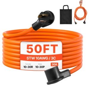 50 ft dryer extension cord, 3 prong nema 10 30p to 10 30r dryer cord, 125v/250v stw 10awg/3c, 30a, pure copper wire cable with black non woven bag and pvc cable tie, ideal for indoor & outdoor
