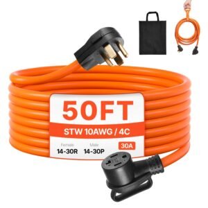 50 ft dryer extension cord, 4 prong nema 14 30p to 14 30r dryer cord, 125v/250v, stw 10awg/4c, 30a, pure copper wire cable with black non woven bag and pvc cable tie, for outdoor & indoor use