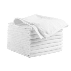 50 pack white microfiber cleaning cloth, 12 x 12 in premium microfiber towels, lint free and scratch free, absorbent cleaning rags for car, household, kitchen, window, spa, hotel & bathroom