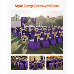 50 pcs purple chair covers, polyester spandex chair cover, stretch slipcovers for wedding party dining banquet flat front chair covers, fits chair measures up to 20.08 x 17.72 x 37.4 inch
