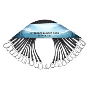 50 piece flat bungee cord, 19.8 mm heavy duty bungee straps with steel s hooks, 21" elastic bungee rope for cargo, tarps, trucks and tent, black