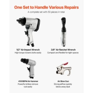 50 pieces pro air tool and accessories kit 1/2" air impact wrench, 3/8" ratchet wrench, 4500bpm hammer, blow gun & full accessories for auto repairs, home diy projects with storage case