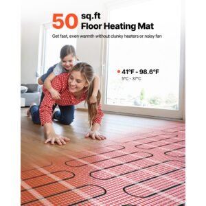50 sqft self adhesive mesh floor heating mat system, 120v electric radiant heated floor system, with smart control thermostat & alarm, easy installation for tile, stone, vinyl