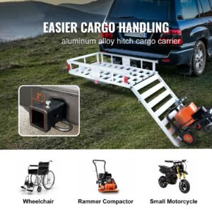 50 x 29.5 x 8.7 inch hitch cargo carrier, 500lbs capacity trailer hitch mounted cargo basket, aluminum luggage carrier rack with folding ramp, fits 2" hitch receiver for suv truck pickup camping