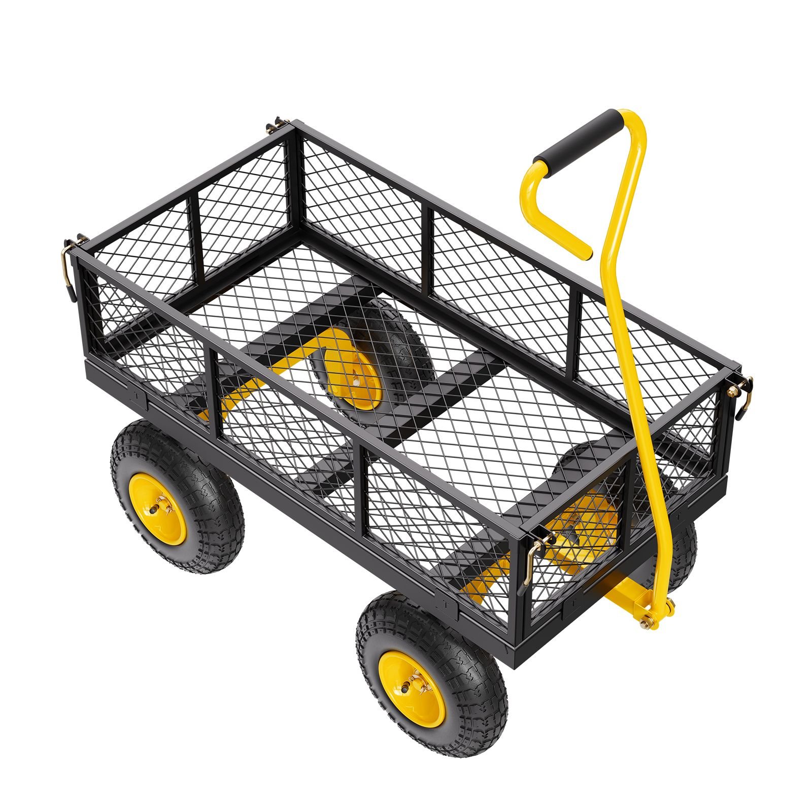 500 lbs steel garden cart, heavy duty garden wagon cart pullable on wheels, metal yard utility wagon carts with 10" all terrain tires, mesh removable sides and 180°rotating handle