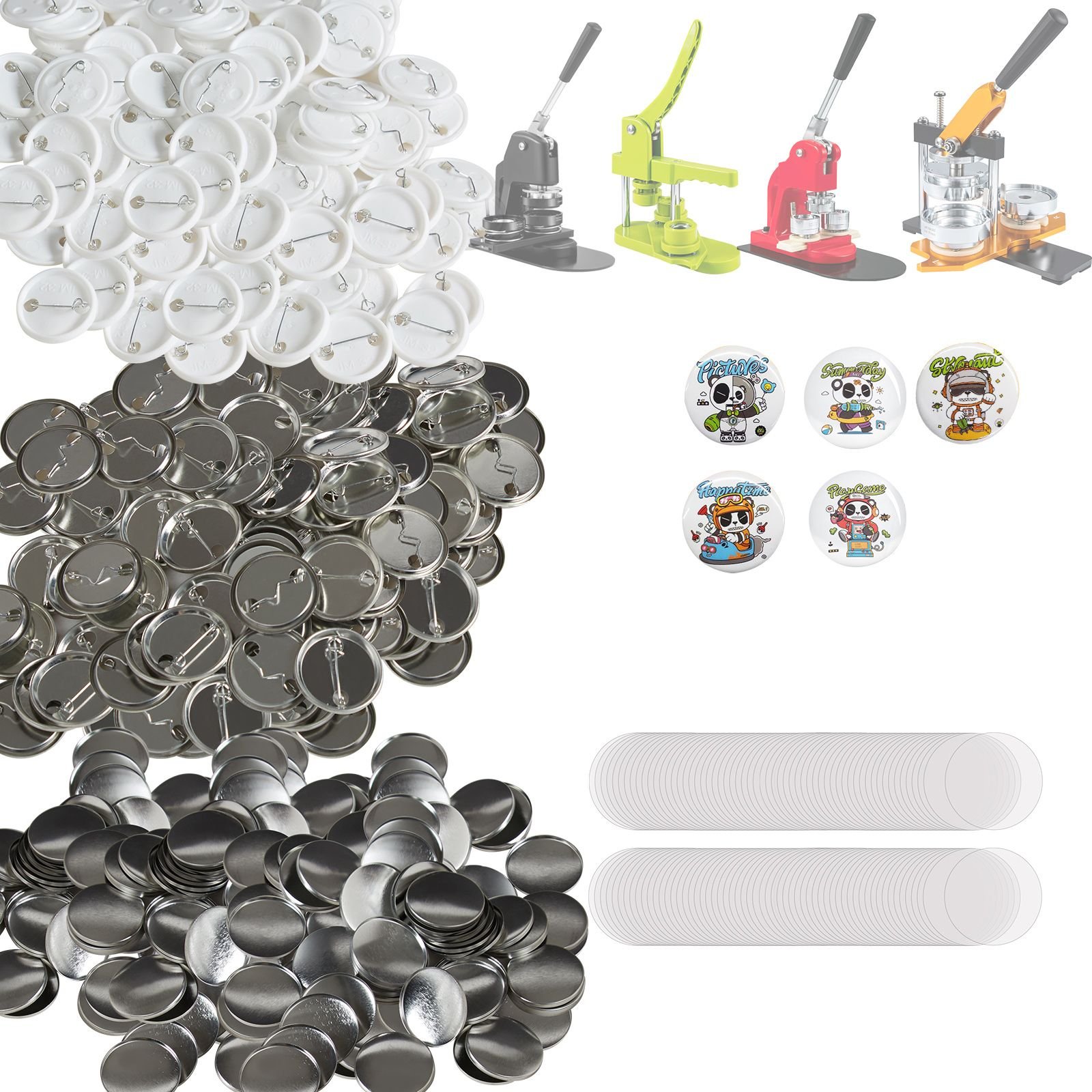 500 sets 1.25 inch 32mm pin back button parts, diy round button badge parts, set includes metal top, plastic/metal button, clear film, and blank paper for gifts presents, machine not included