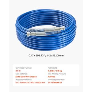 50ft airless paint sprayer hose, 1/4 in universal airless paint spray hose, 4350 psi high pressure flexible airless sprayer hose, multi layer reinforced steel wire braid hose for paint sprayer
