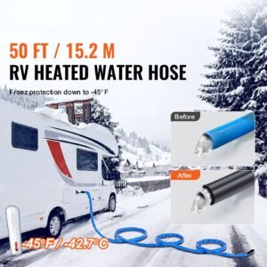 50ft heated water hose for rv, heated drinking water hose with corrugated cover antifreeze to 45 fahrenheit , automatic self regulating, 5/8" i.d. with 3/4" ght adapter, lead and bpa free