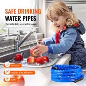50ft heated water hose for rv, heated drinking water hose with corrugated cover antifreeze to 45 fahrenheit , automatic self regulating, 5/8" i.d. with 3/4" ght adapter, lead and bpa free