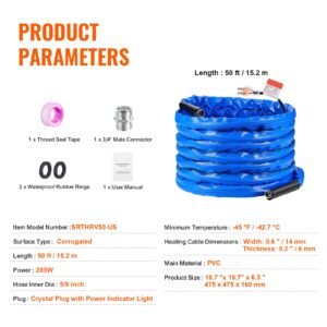 50ft heated water hose for rv, heated drinking water hose with corrugated cover antifreeze to 45 fahrenheit , automatic self regulating, 5/8" i.d. with 3/4" ght adapter, lead and bpa free
