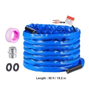 50ft heated water hose for rv, heated drinking water hose with corrugated cover antifreeze to 45 fahrenheit , automatic self regulating, 5/8" i.d. with 3/4" ght adapter, lead and bpa free