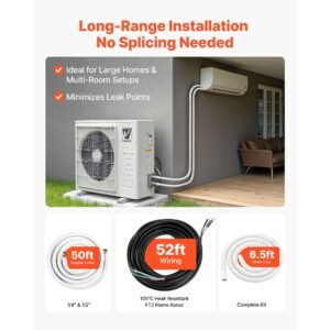 50ft mini split line set, 1/4' & 1/2' od ac copper tubing pipe, 3/8 white pe thickened insulated coil with flared nuts, rich fittings, for mini split air conditioner hvac or heat pump system
