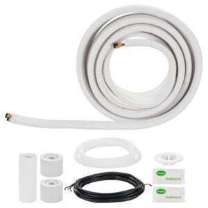 50ft Mini Split Line Set, 1/4' & 1/2' OD AC Copper Tubing Pipe, 3/8 White PE Thickened Insulated Coil with Flared Nuts, Rich Fittings, for Mini Split Air Conditioner HVAC or Heat Pump System