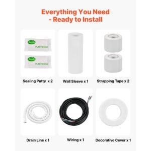 50ft mini split line set, 1/4' & 1/2' od ac copper tubing pipe, 3/8 white pe thickened insulated coil with flared nuts, rich fittings, for mini split air conditioner hvac or heat pump system