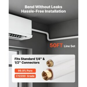 50ft mini split line set, 1/4' & 1/2' od ac copper tubing pipe, 3/8 white pe thickened insulated coil with flared nuts, strapping tapes, for mini split air conditioner hvac or heat pump system