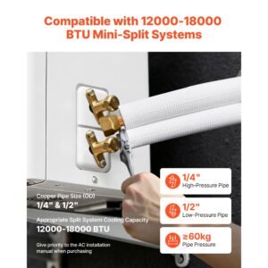 50ft mini split line set, 1/4' & 1/2' od ac copper tubing pipe, 3/8 white pe thickened insulated coil with flared nuts, strapping tapes, for mini split air conditioner hvac or heat pump system