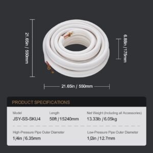 50ft mini split line set, 1/4" & 1/2" o.d copper pipes tubing and triple layer insulation, for mini split air conditioning refrigerant or heating pump equipment & hvac with wrapping strips.