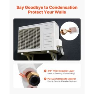 50ft mini split line set, 1/4' & 3/8' od ac copper tubing pipe, 3/8 white pe thickened insulated coil with flared nuts, rich fittings, for mini split air conditioner hvac or heat pump system