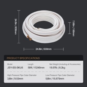 50ft mini split line set, 3/8" & 5/8" o.d copper pipes tubing and triple layer insulation, for mini split air conditioning refrigerant or heating pump equipment & hvac with wrapping strips.