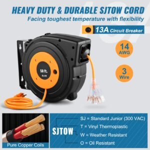 50ft retractable extension cord reel 14awg/3csjtow power cord reel