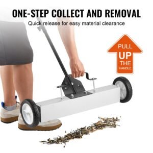 50lbs rolling magnetic sweeper with wheels, push type magnetic pick up sweeper, 24 inch large magnet pickup lawn sweeper with telescoping handle, easy cleanup of workshop garage yard