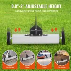 50lbs rolling magnetic sweeper with wheels, push type magnetic pick up sweeper, 24 inch large magnet pickup lawn sweeper with telescoping handle, easy cleanup of workshop garage yard