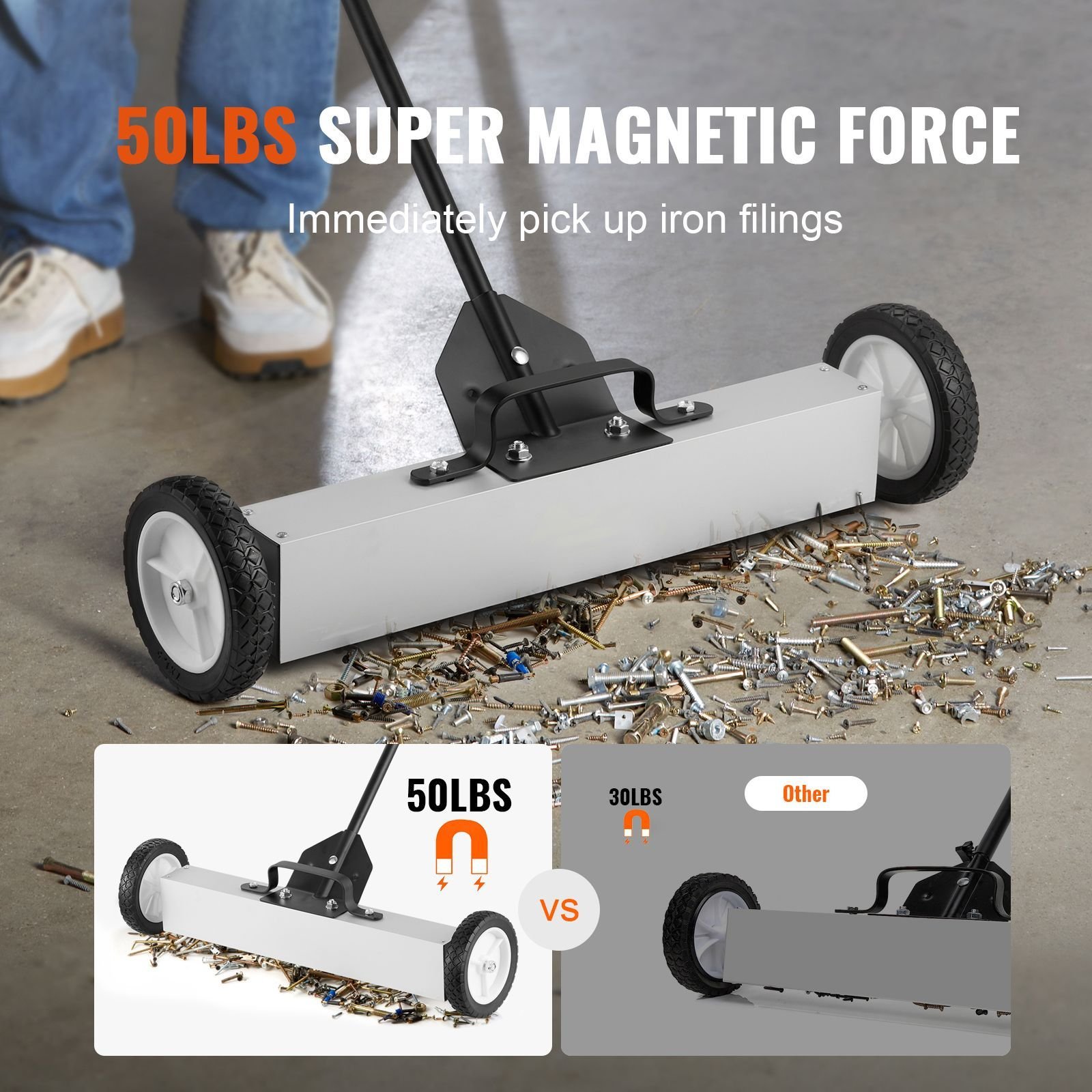 50lbs rolling magnetic sweeper with wheels, push type magnetic pick up sweeper, 24 inch large magnet pickup lawn sweeper with telescoping handle, easy cleanup of workshop garage yard