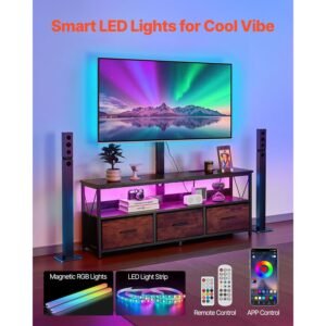 52" tv stand with mount for up to 75 in tvs, entertainment center with power outlet & led lights, height adjustable tv console with mount with 3 drawers for bedroom, living room, brown