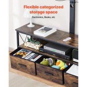 52" tv stand with mount for up to 75 in tvs, entertainment center with power outlet & led lights, height adjustable tv console with mount with 3 drawers for bedroom, living room, brown
