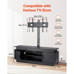 52" tv stand with mount for up to 75 in tvs, entertainment center with power outlet & led lights, height adjustable tv console with mount with 3 tiers storage cabinets for bedroom, living room