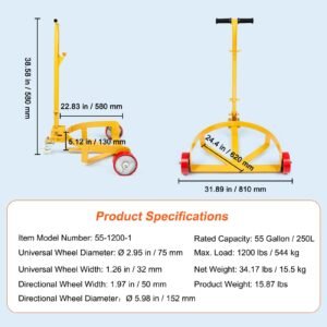 55 gallon drum dolly, 1200 lbs load capacity, barrel dolly cart drum caddy round dolly steel low profile, heavy duty steel frame with adjustable handle 3 wheels, for workshop factory warehouse