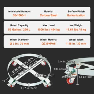55 gallon heavy duty drum dolly, 1000lbs load capacity, barrel dolly cart drum caddy, non tipping hand truck capacity dollies with steel frame 4 swivel casters wheel, for warehouse drum handling