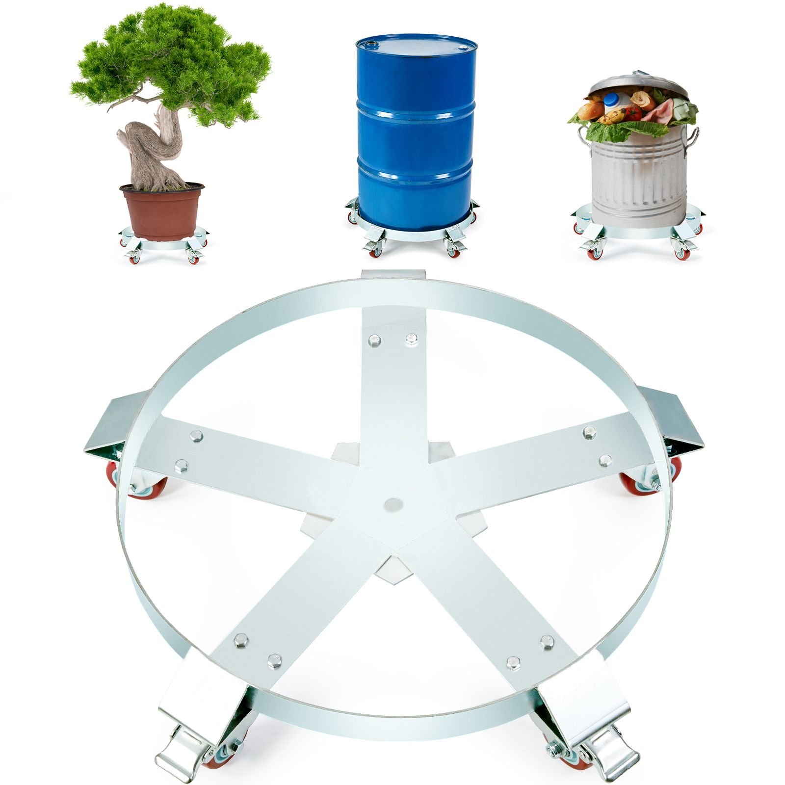 55 gallon heavy duty drum dolly, 1250lbs load capacity, barrel dolly cart drum caddy, non tipping hand truck capacity dollies with steel frame 5 swivel casters wheel, for warehouse drum handling