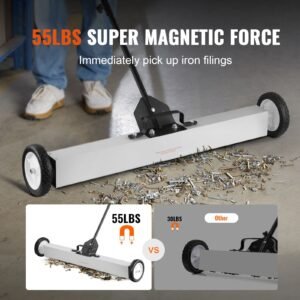 55lbs rolling magnetic sweeper with wheels,push type magnetic pick up sweeper, 36 inch large magnet pickup lawn sweeper with telescoping handle, easy cleanup of workshop garage yard