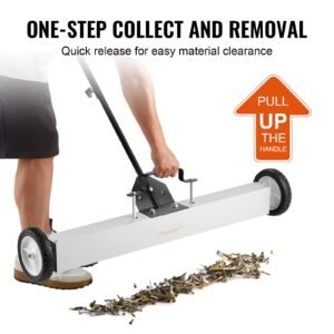 55lbs rolling magnetic sweeper with wheels,push type magnetic pick up sweeper, 36 inch large magnet pickup lawn sweeper with telescoping handle, easy cleanup of workshop garage yard