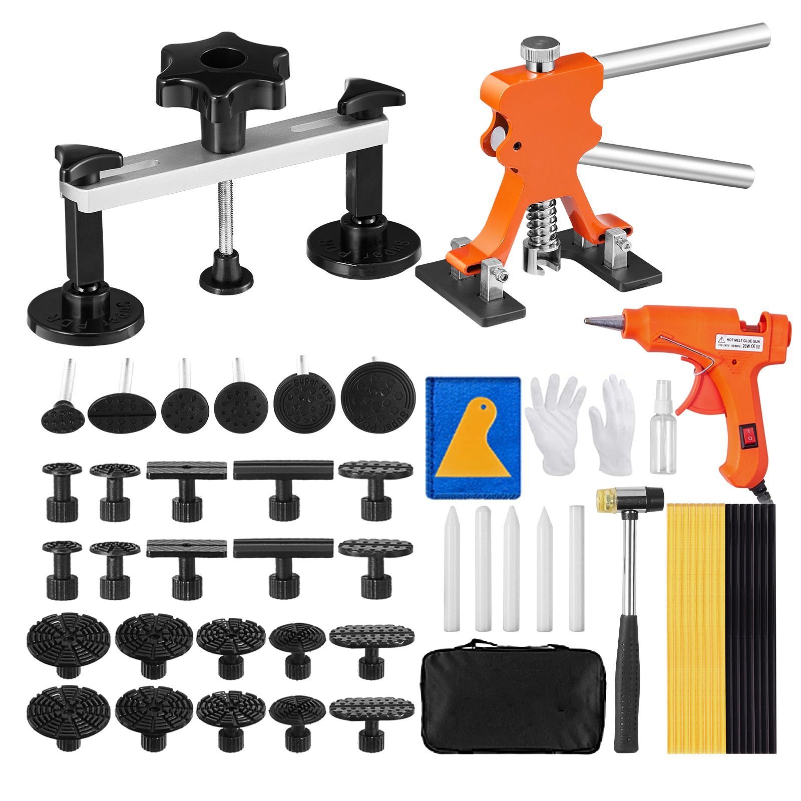 56 pcs dent removal kit, paintless dent repair kit with golden lifter, bridge puller, car dent puller with puller tabs, hot glue gun for auto body dents, hail damage, door ding