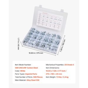 566 pcs bolts and nuts assortment kit, imperial machine screws and flat washers, alloy steel 1/4 20,5/16 18,3/8 16, for furniture /equipment/vehicle assembly, galvanized white