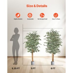 5ft artificial ficus tree with black pot, tall faux ficus plant with natural wood trunk and realistic green leaves, indoor fake silk tree for home, office, living room, or corner décor