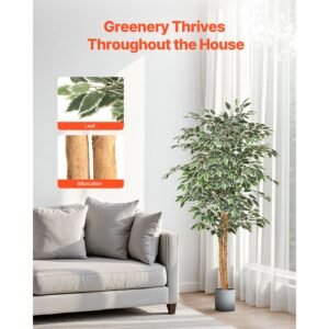 5ft artificial ficus tree with black pot, tall faux ficus plant with natural wood trunk and realistic green leaves, indoor fake silk tree for home, office, living room, or corner décor