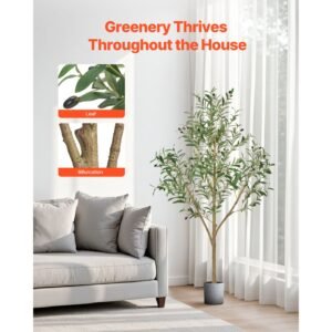 5ft artificial olive tree with black pot, tall fake tree with natural wood trunk & realistic green leaves and fruits, indoor faux plant for home, office, living room, corner decor